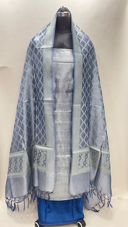 Faishana Sky Blue Tissue Silk Suit with Floral Zari Booti Plain Bottom & Checkered Jaal Dupatta SHL_103