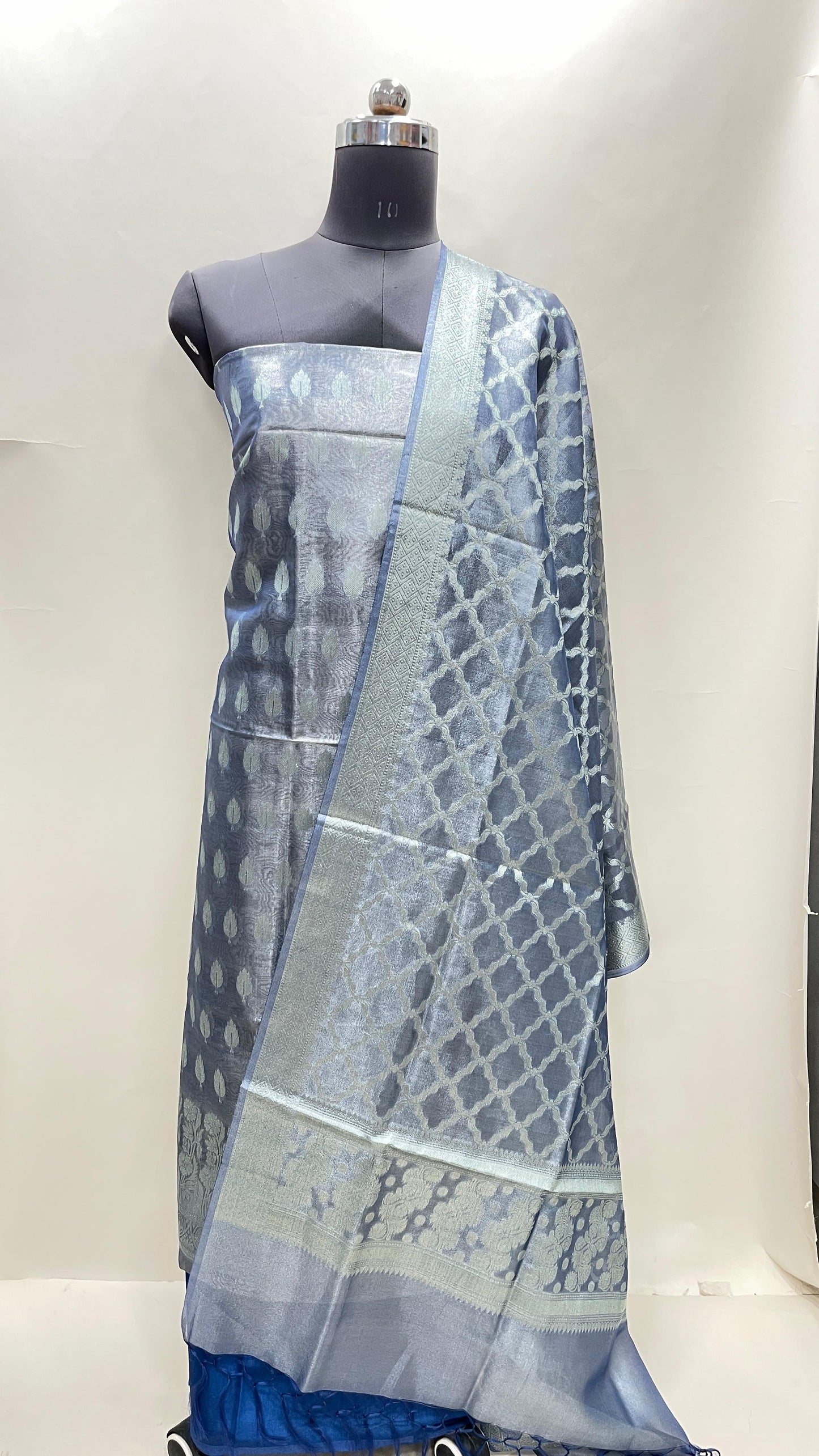 Faishana Sky Blue Tissue Silk Suit with Floral Zari Booti Plain Bottom & Checkered Jaal Dupatta SHL_103