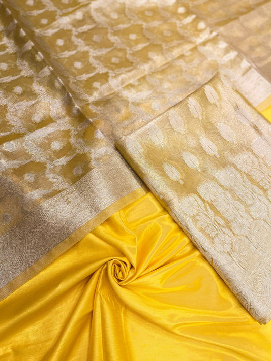 Faishana Yellow Tissue Silk Suit with Floral Zari Booti Plain Bottom & Checkered Jaal Dupatta SHL_104