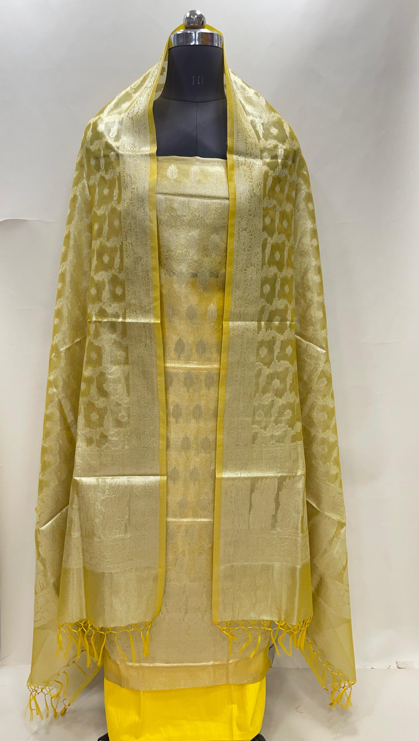 Faishana Yellow Tissue Silk Suit with Floral Zari Booti Plain Bottom & Checkered Jaal Dupatta SHL_104