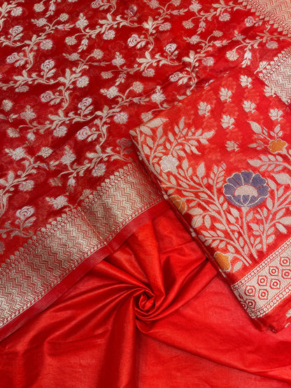 Faishana Red Semi Georgette Suit with Floral Ikkat Mina Border Plain Bottom and Zari Jaal Dupatta SHL_105
