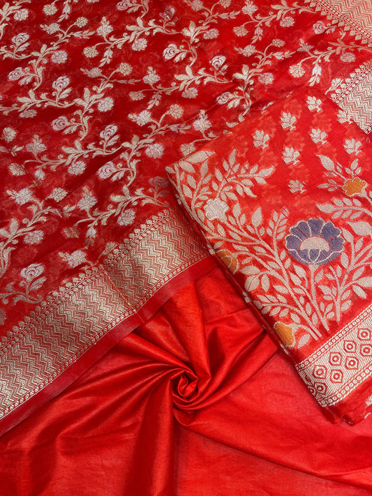 Faishana Red Semi Georgette Suit with Floral Ikkat Mina Border Plain Bottom and Zari Jaal Dupatta SHL_105