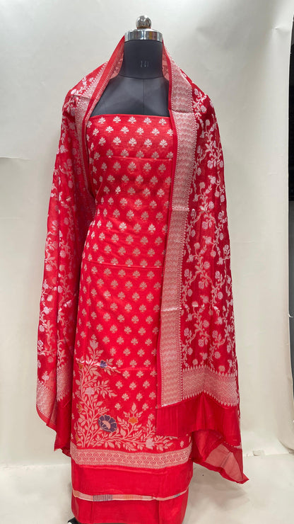 Faishana Red Semi Georgette Suit with Floral Ikkat Mina Border Plain Bottom and Zari Jaal Dupatta SHL_105