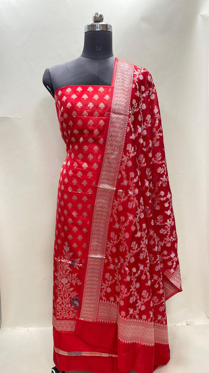 Faishana Red Semi Georgette Suit with Floral Ikkat Mina Border Plain Bottom and Zari Jaal Dupatta SHL_105
