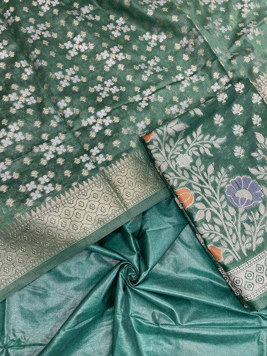Faishana Dark Green Semi Georgette Suit with Floral Ikkat Mina Border Plain Bottom and Zari Jaal Dupatta SHL_106