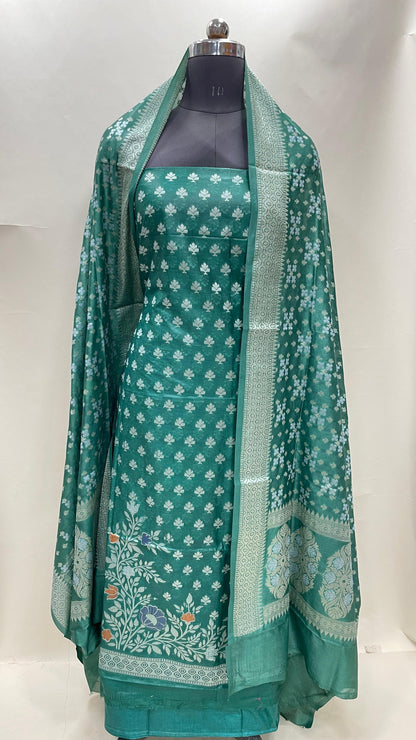 Faishana Dark Green Semi Georgette Suit with Floral Ikkat Mina Border Plain Bottom and Zari Jaal Dupatta SHL_106