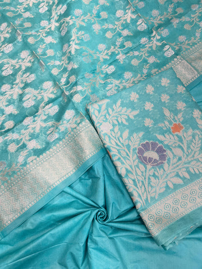 Faishana Turqouise Blue Semi Georgette Suit with Floral Ikkat Mina Border Plain Bottom and Zari Jaal Dupatta SHL_107