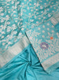 Faishana Turqouise Blue Semi Georgette Suit with Floral Ikkat Mina Border Plain Bottom and Zari Jaal Dupatta SHL_107