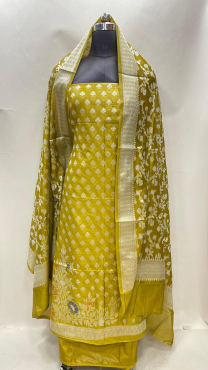 Faishana Faishana Mehndi Semi Georgette Suit with Floral Ikkat Mina Border Plain Bottom and Zari Jaal Dupatta SHL_109
