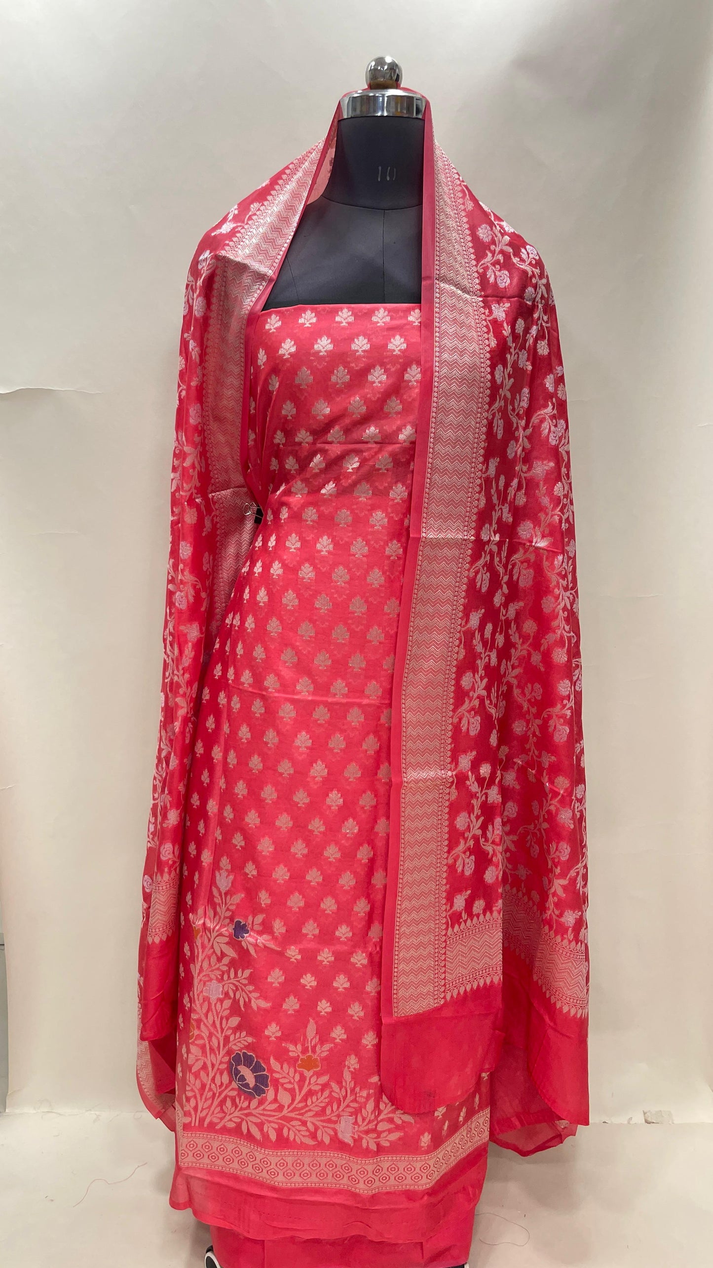 Faishana Peach Semi Georgette Suit with Floral Ikkat Mina Border Plain Bottom and Zari Jaal Dupatta SHL_110