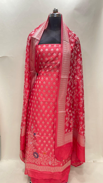 Faishana Peach Semi Georgette Suit with Floral Ikkat Mina Border Plain Bottom and Zari Jaal Dupatta SHL_110
