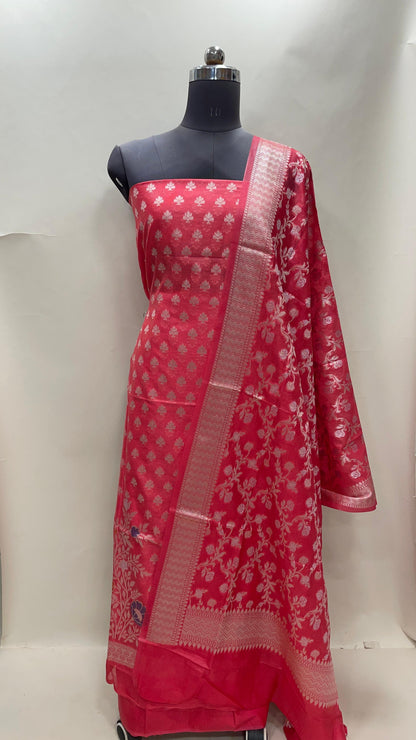 Faishana Peach Semi Georgette Suit with Floral Ikkat Mina Border Plain Bottom and Zari Jaal Dupatta SHL_110