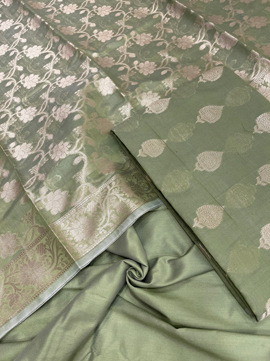 Green cotton suit set with floral zari bootis and yellow dupatta. SHL_71