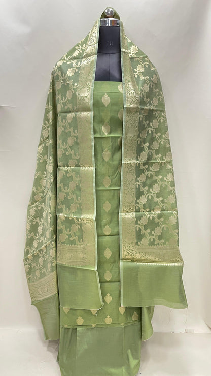 Green cotton suit set with floral zari bootis and yellow dupatta. SHL_71
