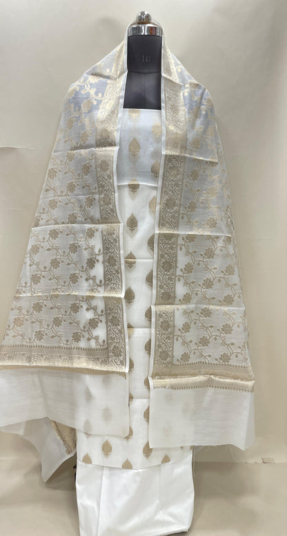 White cotton suit set with floral zari bootis and yellow dupatta. SHL_72