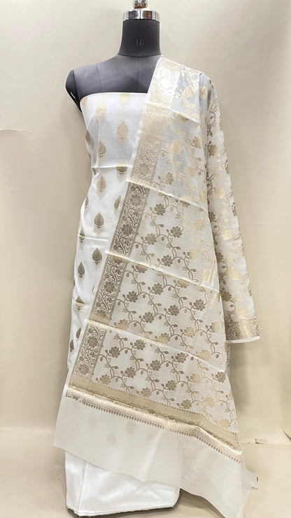 White cotton suit set with floral zari bootis and yellow dupatta. SHL_72