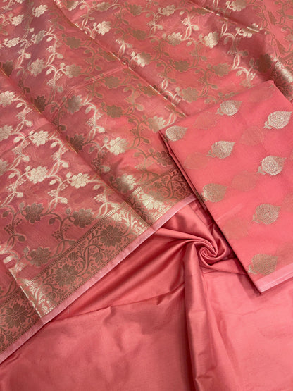 Peach cotton suit set with floral zari bootis and yellow dupatta. SHL_74