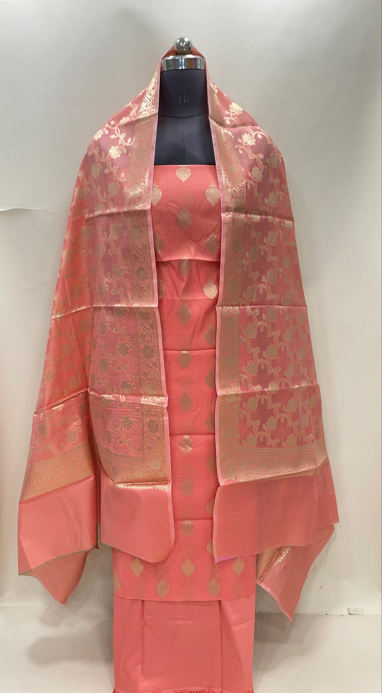 Peach cotton suit set with floral zari bootis and yellow dupatta. SHL_74