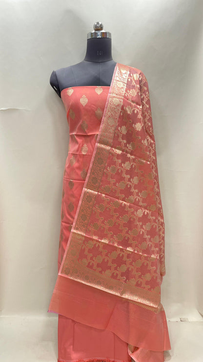 Peach cotton suit set with floral zari bootis and yellow dupatta. SHL_74