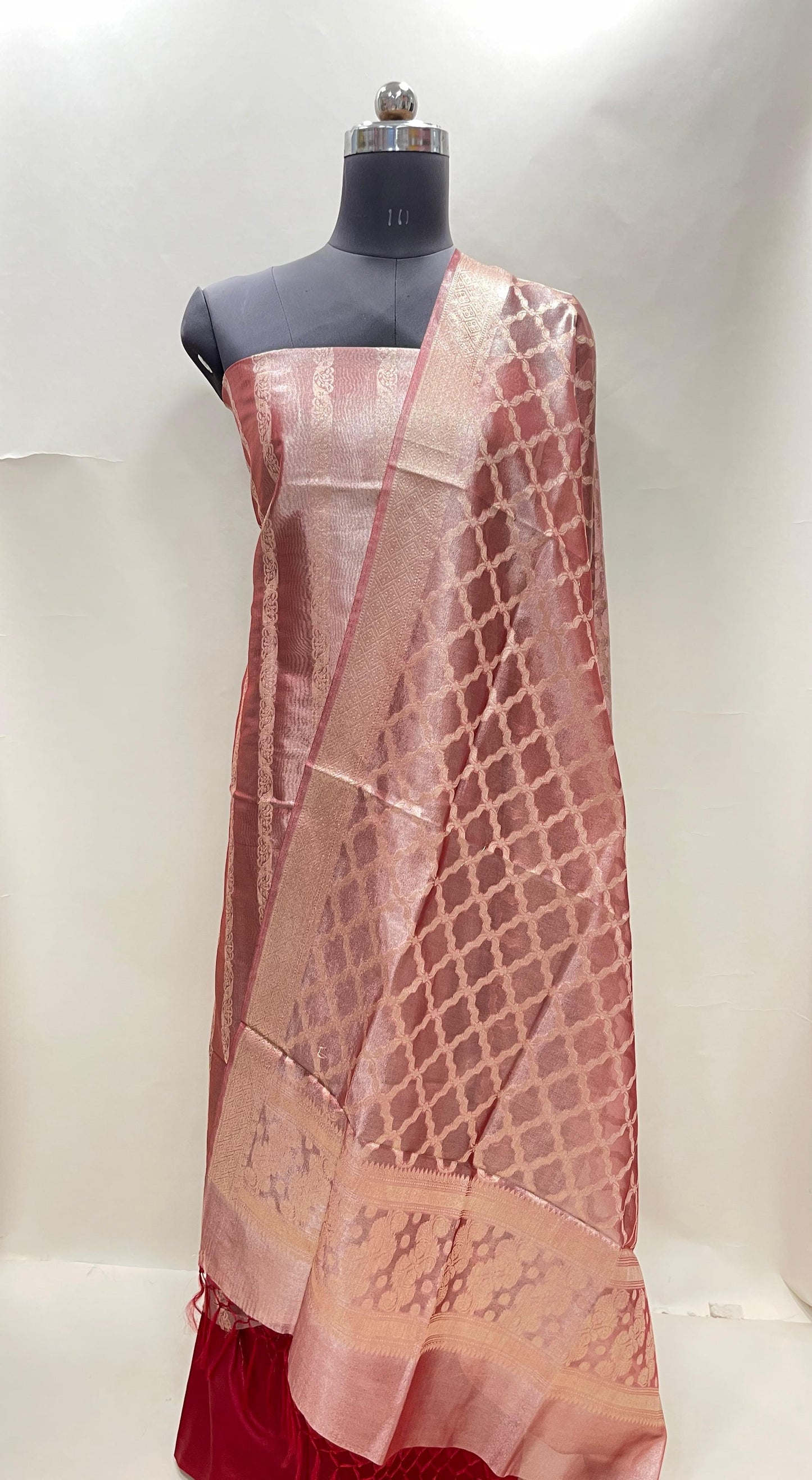 Maroon tissue silk suit set with floral zari stripe and carry dupatta. SHL_76