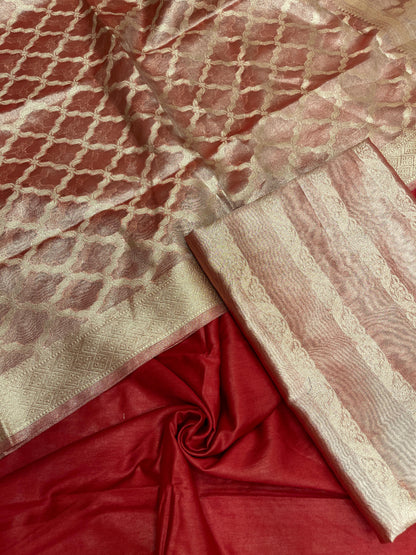 Maroon tissue silk suit set with floral zari stripe and carry dupatta. SHL_76