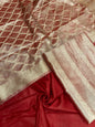 Maroon tissue silk suit set with floral zari stripe and carry dupatta. SHL_76