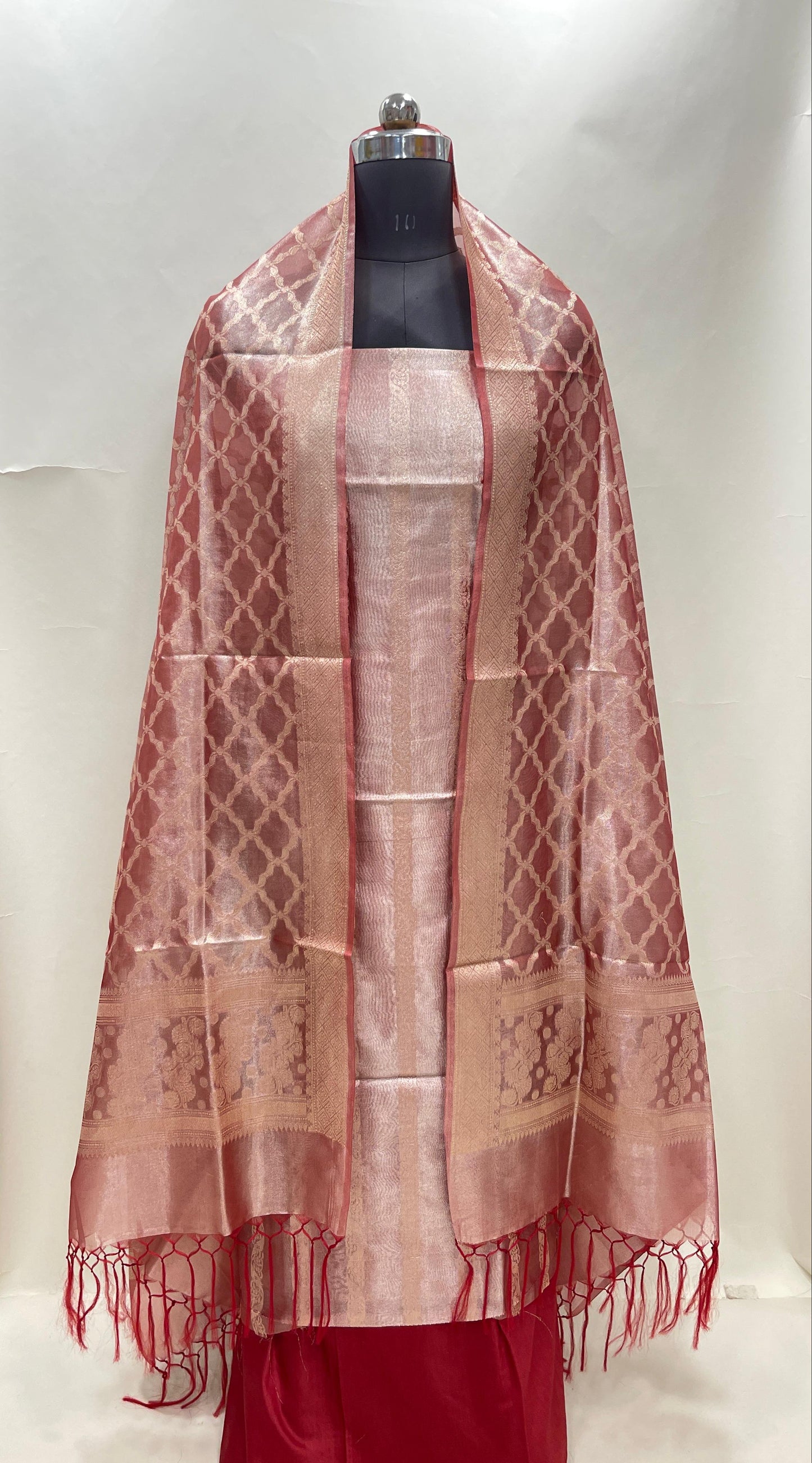 Maroon tissue silk suit set with floral zari stripe and carry dupatta. SHL_76