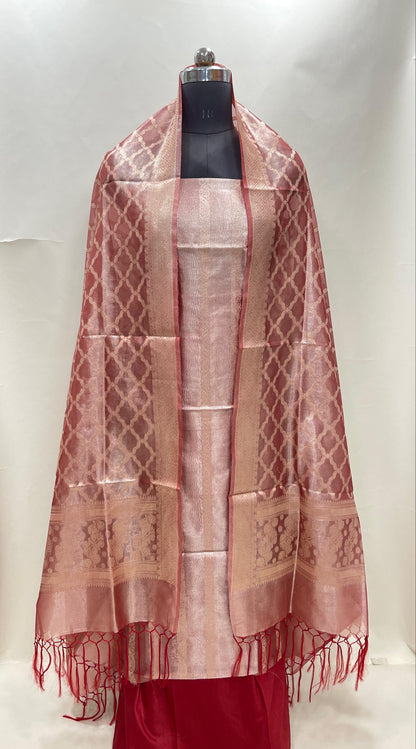 Maroon tissue silk suit set with floral zari stripe and carry dupatta. SHL_76