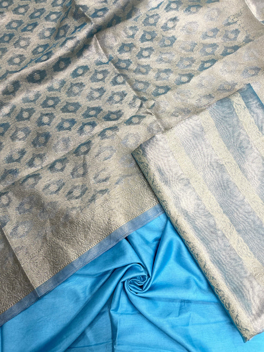 Sky blue tissue silk suit set with floral zari stripe and carry dupatta. SHL_77