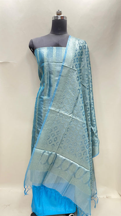 Sky blue tissue silk suit set with floral zari stripe and carry dupatta. SHL_77