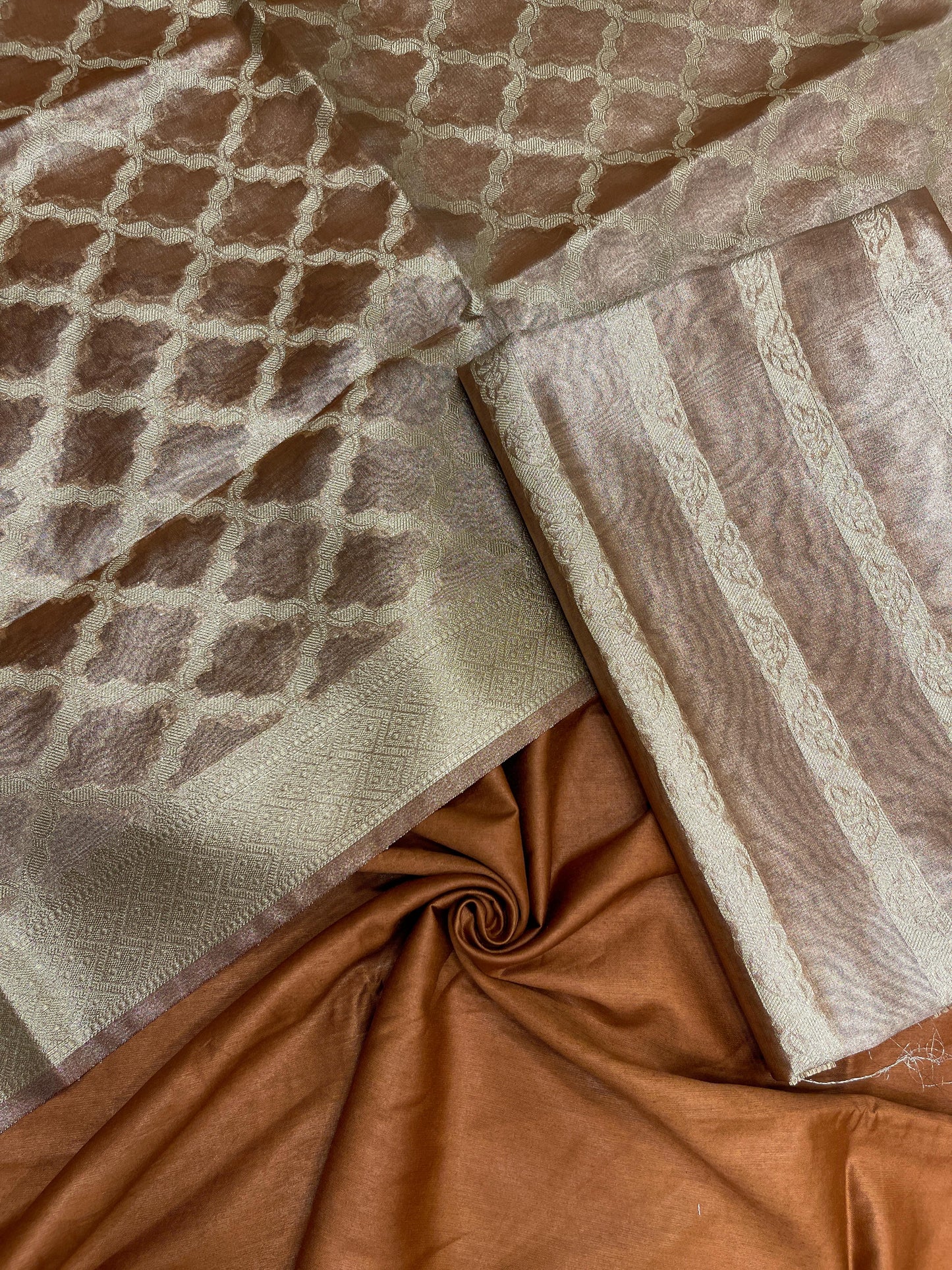 Brown tissue silk suit set with floral zari stripe and carry dupatta. SHL_78