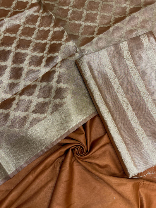 Brown tissue silk suit set with floral zari stripe and carry dupatta. SHL_78