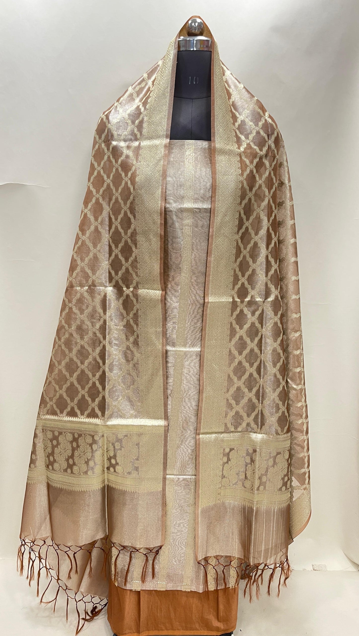 Brown tissue silk suit set with floral zari stripe and carry dupatta. SHL_78