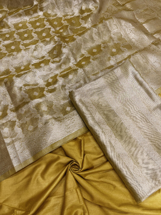 Lime Green Tissue Silk Suit with Floral Zari Stripe Plain Bottom & Zari Jaal Dupatta SHL_80