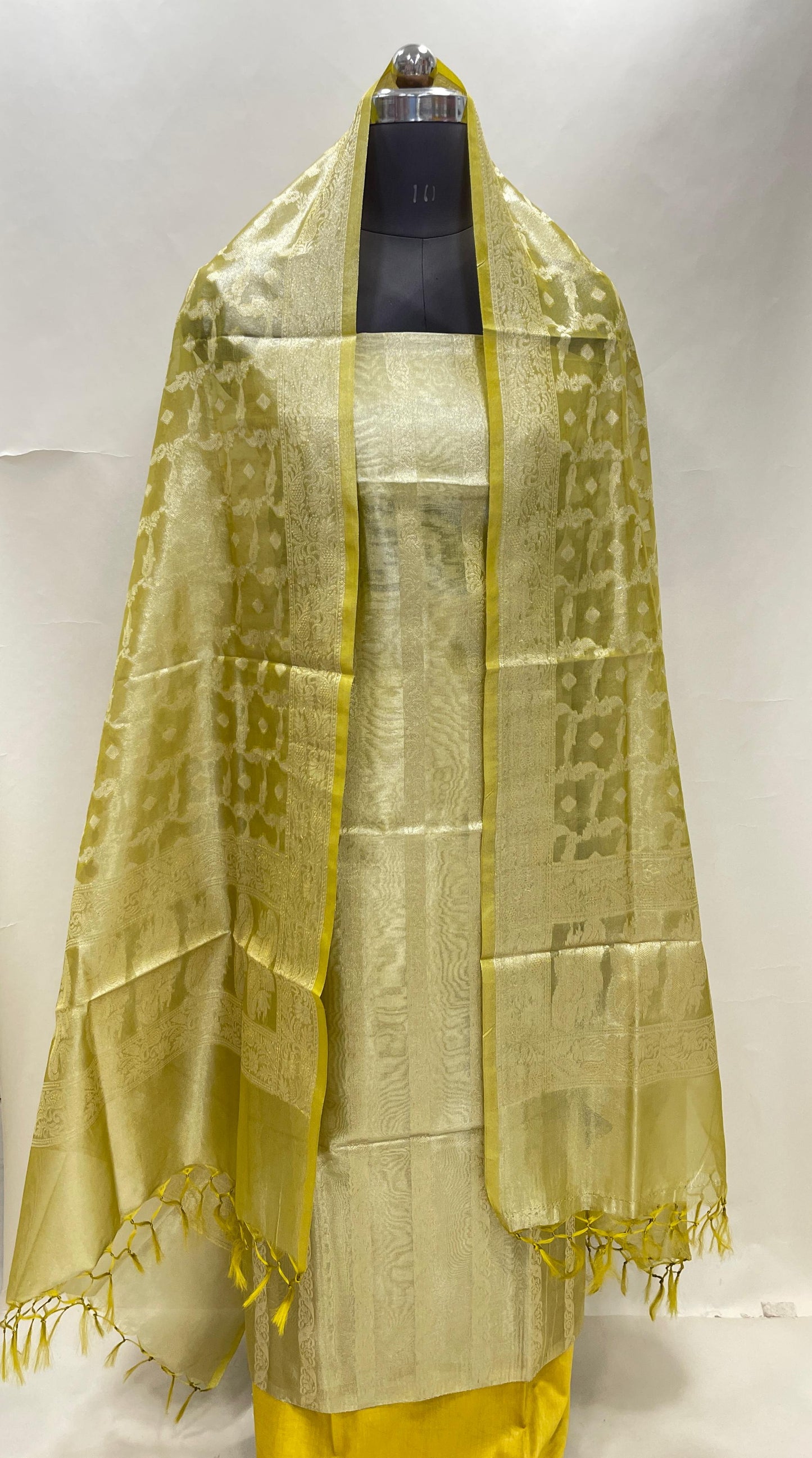 Lime Green Tissue Silk Suit with Floral Zari Stripe Plain Bottom & Zari Jaal Dupatta SHL_80