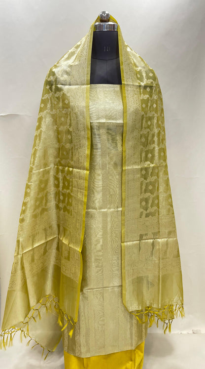 Lime Green Tissue Silk Suit with Floral Zari Stripe Plain Bottom & Zari Jaal Dupatta SHL_80