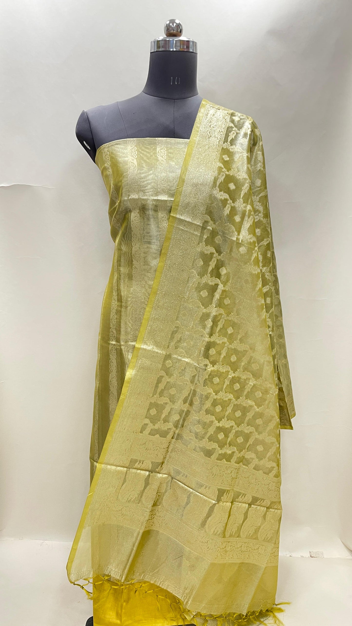 Lime Green Tissue Silk Suit with Floral Zari Stripe Plain Bottom & Zari Jaal Dupatta SHL_80