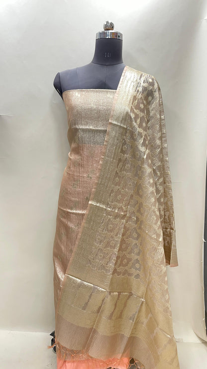 Peach tissue suit with floral zari booti, plain bottom, and checkered dupatta. SHL_82