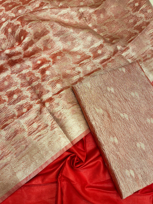 Red tissue suit with floral zari booti, plain bottom, and checkered dupatta. SHL_83