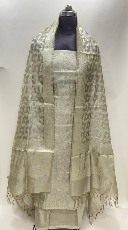 Pista green tissue suit with floral zari booti, plain bottom, checkered dupatta SHL_84.