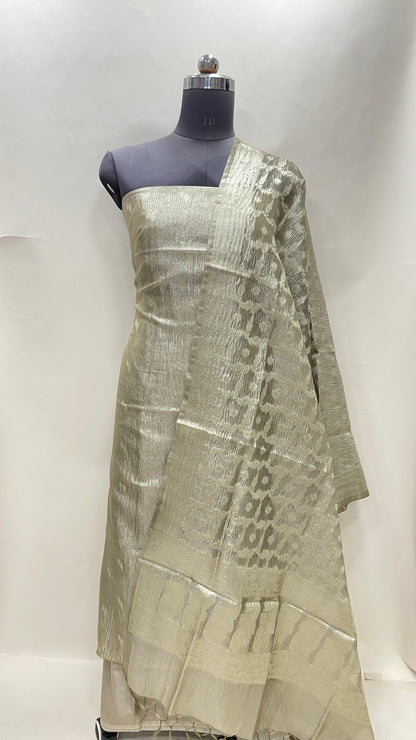 Pista green tissue suit with floral zari booti, plain bottom, checkered dupatta SHL_84.