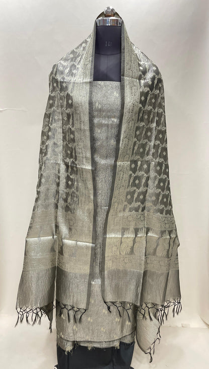 Black tissue suit with floral zari booti, plain bottom, and checkered dupatta. SHL_85