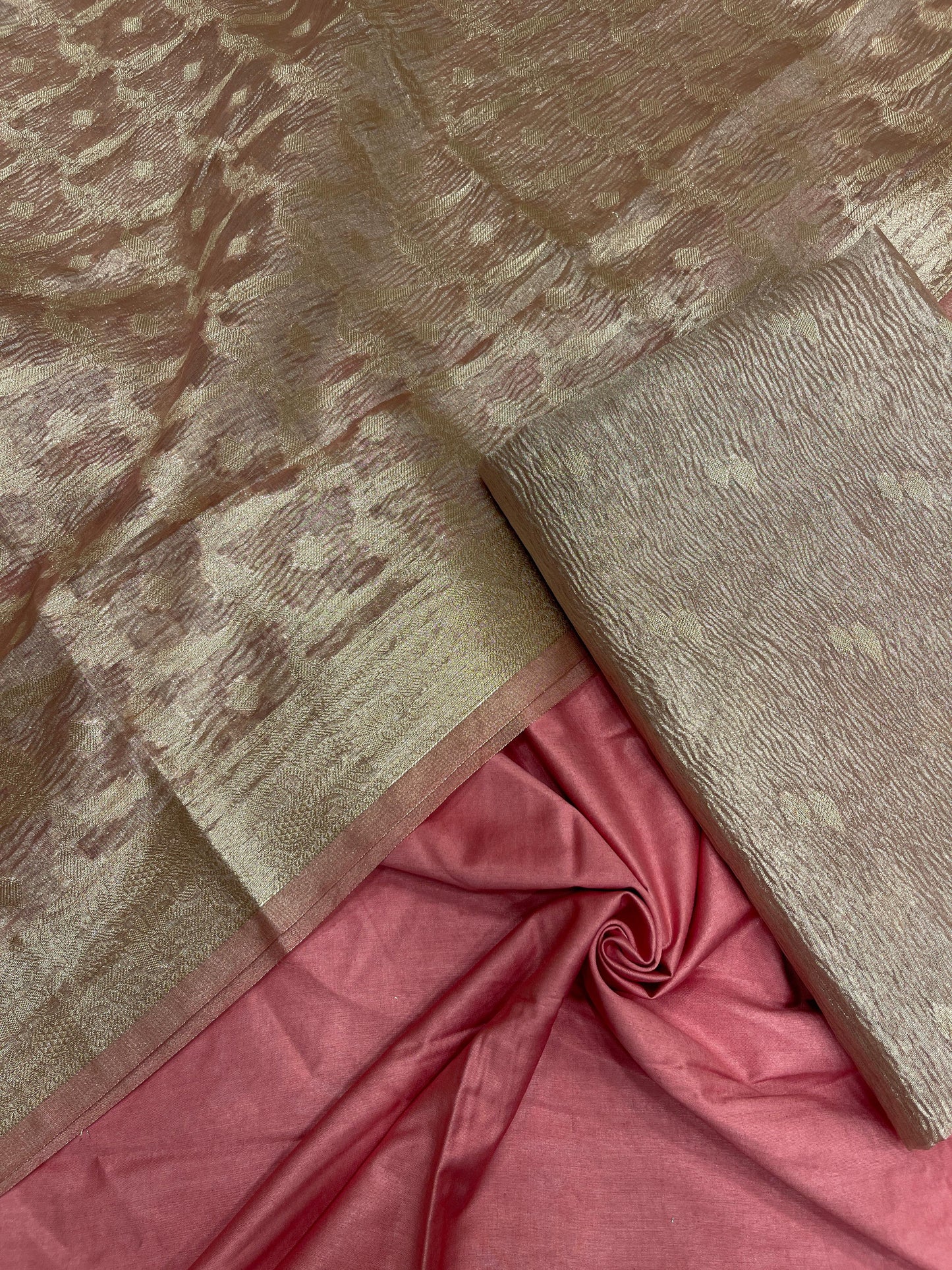 Baby pink tissue suit with floral zari booti, plain bottom, checkered dupatta. SHL_86
