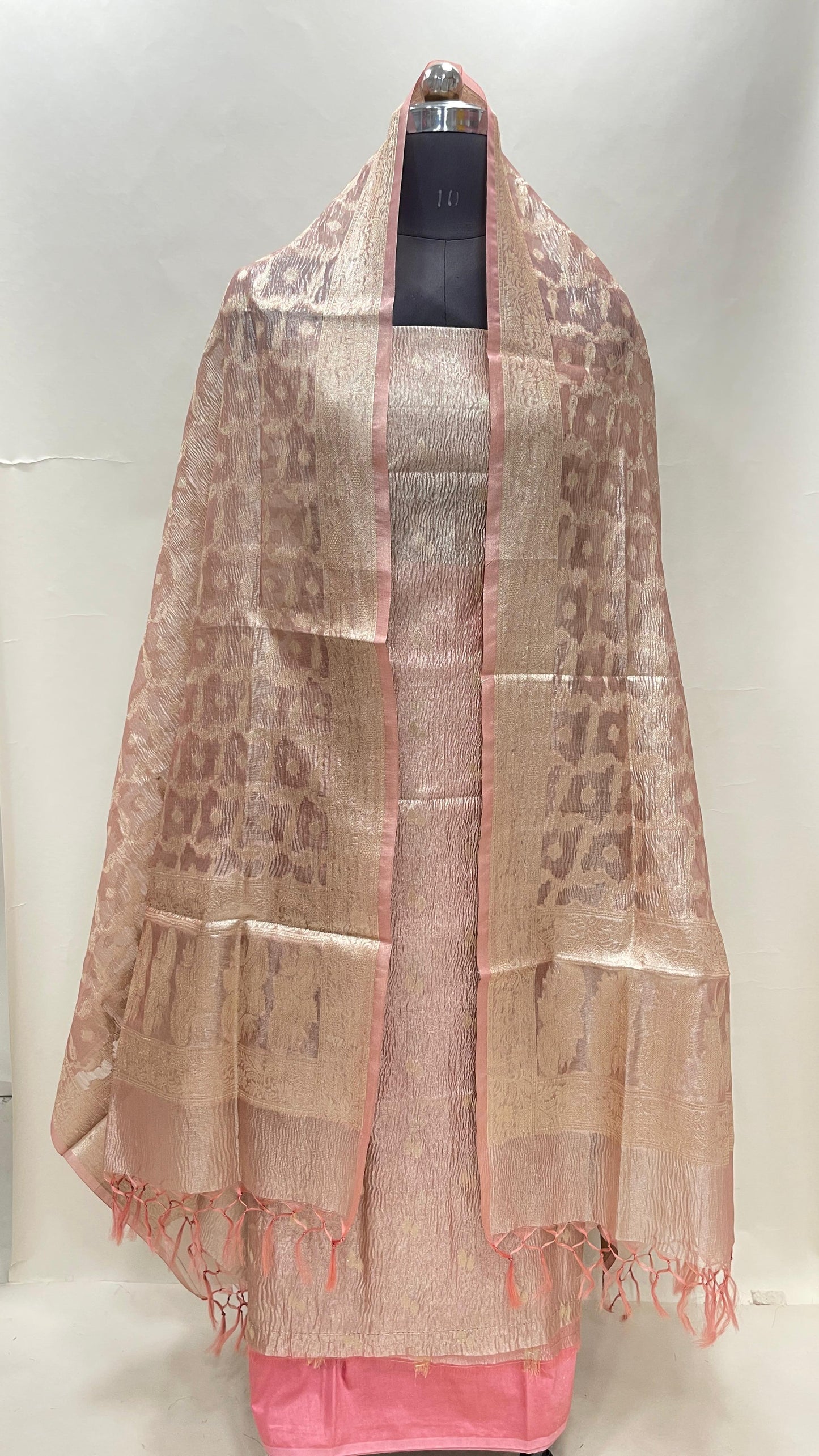 Baby pink tissue suit with floral zari booti, plain bottom, checkered dupatta. SHL_86