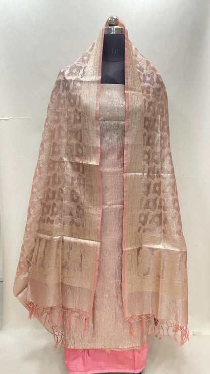 Baby pink tissue suit with floral zari booti, plain bottom, checkered dupatta. SHL_86