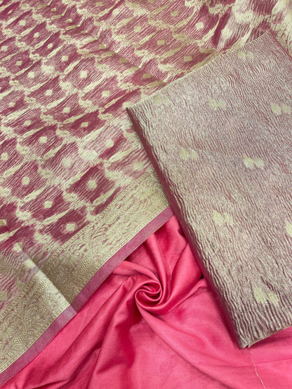 Magenta tissue suit with floral zari booti, plain bottom, and checkered dupatta. SHL_87