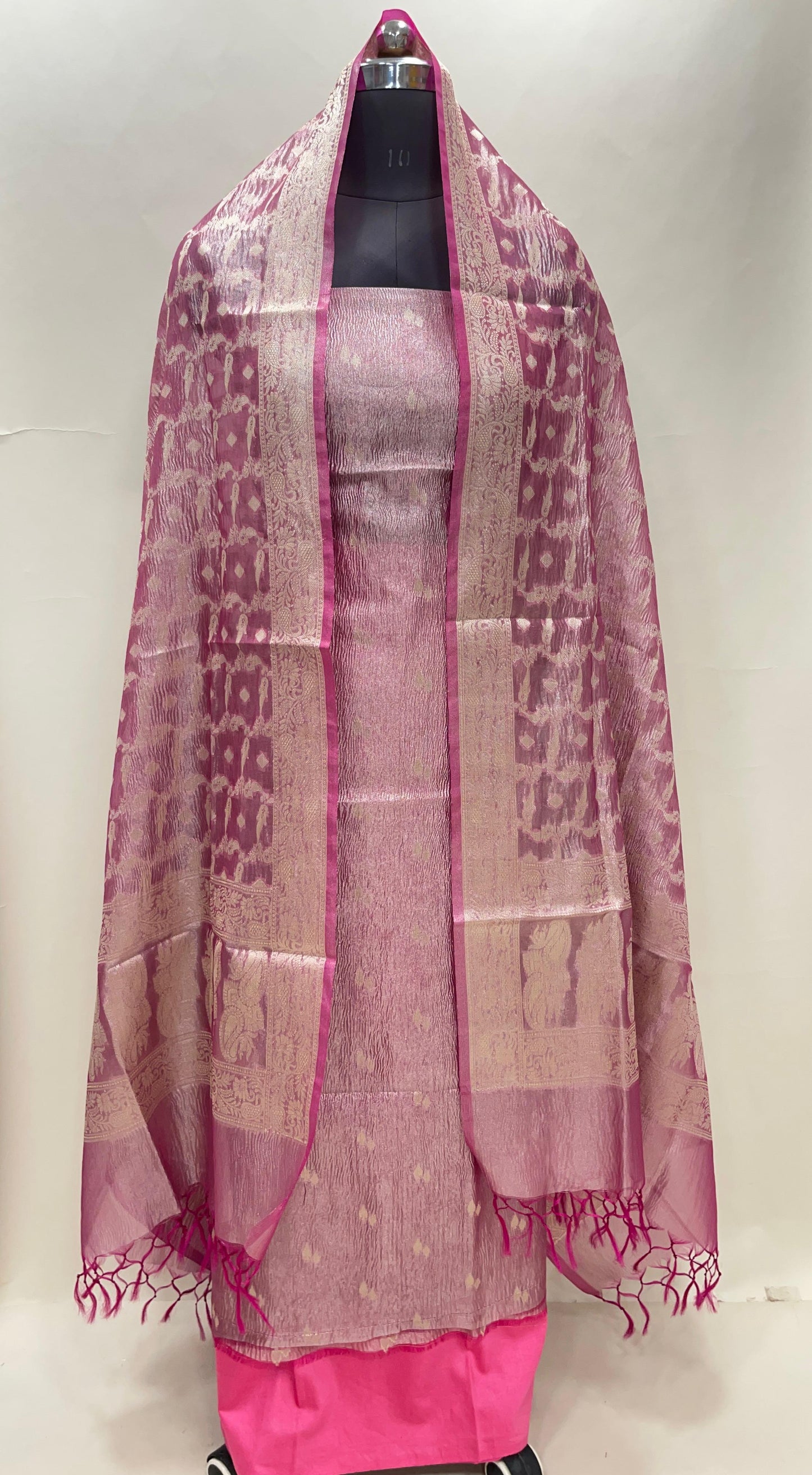 Magenta tissue suit with floral zari booti, plain bottom, and checkered dupatta. SHL_87