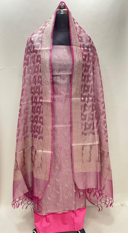Magenta tissue suit with floral zari booti, plain bottom, and checkered dupatta. SHL_87