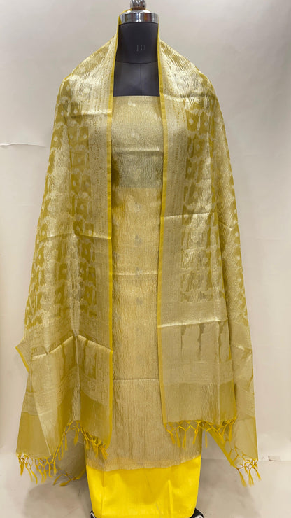 Faishana Yellow Crush Tissue 3-piece Suit, Floral Zari Booti Checkered Dupatta. SHL_88