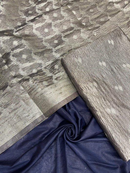 Faishana Navy Blue Crush Tissue 3-piece Suit, Floral Zari Booti Dupatta. SHL_90